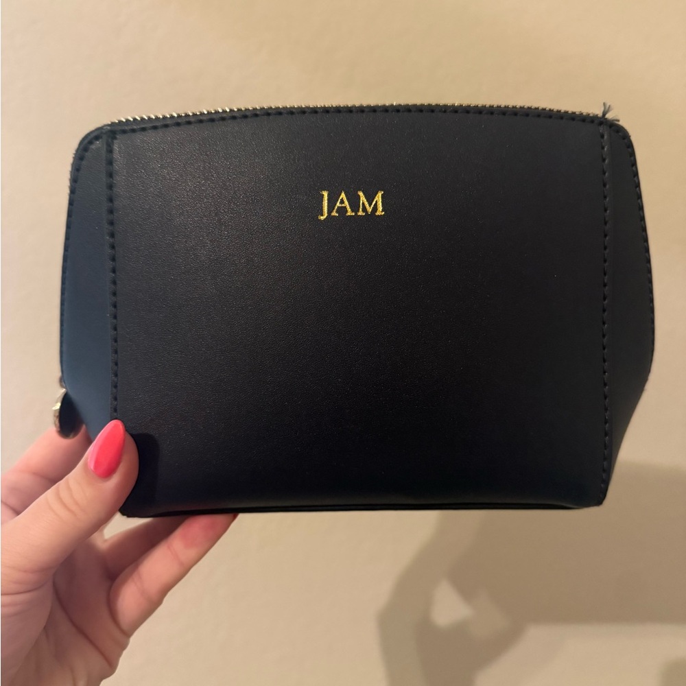Navy Leather Zip Pouch with Gold 'JAM' Monogram